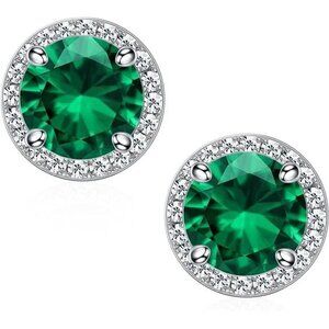 May 18k White Gold Emerald Birthstone Diamond Halo Stud Earrings S925 Gem Gift